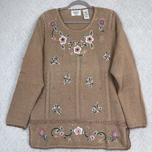 Vtg Cervelle Sweater Womens Large Floral Embroidery Cottage Grandma Feminine 90s